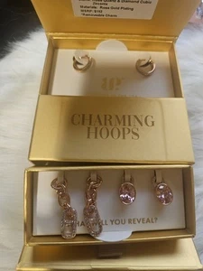 Bomb Party Charming Hoops “Can’t Hold Back a Queen” Rose Quartz CZ On Rose Gold - Picture 1 of 2