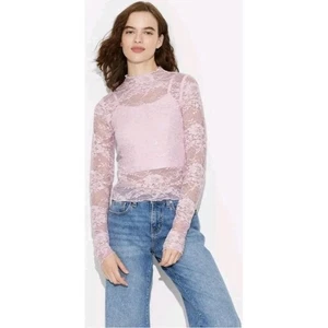Wild Fable hellrosa Spitze Pailletten Langarm Stehkragen Top XS neu mit Etikett - Bild 1 von 9