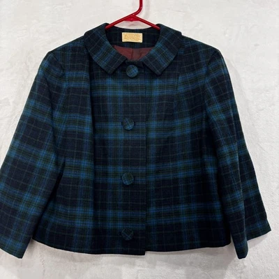 VTG 60s PENDLETON 100% Wool MOD Blue Green Plaid Cropped Button Jacket 16 Large - Image 1 of 4