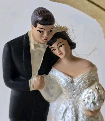 Vintage 1950's Wedding Cake Topper Bride & Groom 9" Chalkware Bell Arch - Image 1 of 4