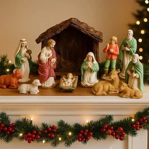 "Juego de pesebre OCI de 12 piezas con establo pintado a mano bisque figuras de cerámica 6-7""" - Imagen 1 de 8