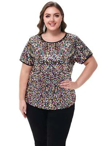 Women's Sequin Tops Plus Size Round Neck Sparkle Glitter Short Sleeve Blouse - Picture 1 of 32