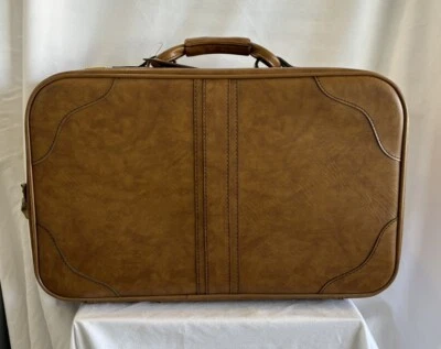 Vintage Brown Leather Suitcase Luggage Overnight Bag Airway Industries•Read - Image 1 of 4