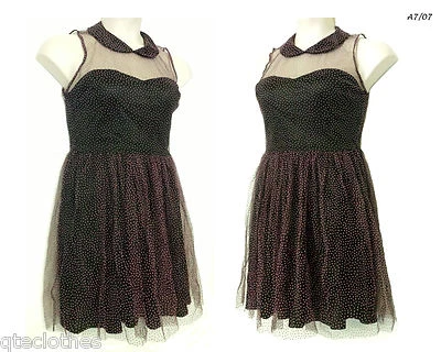 Sexy Vestido BETSEY JOHNSON $158 Negro Rosa Polka Sin Mangas Ilusión En Capas 6 QCO Foto 1 de 4