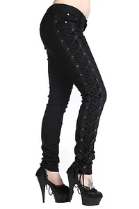 Black Corset Goth Punk Rockabilly Lace Up Skinny Trousers Jeans BANNED Apparel - Picture 1 of 3