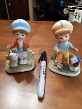 2 Vintage Homco Home Interior Porcelain Boy With Dog & Boy With Kitten