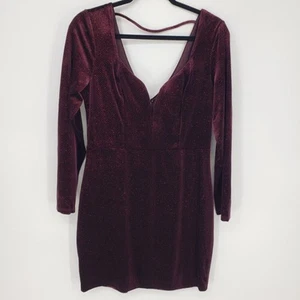 Express Velvet Mini Dress M Plunge Neck Long Sleeve Glitter Party Burgundy Red - Picture 1 of 15