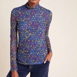 Anthropologie Floral Sheer Lined Mock Turtleneck Long Sleeve Blouse Women’s Sz M - Picture 1 of 14