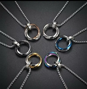 Stainless Steel Three Ring Circle Pendant Necklace Chain Geometric Pattern - Picture 1 of 23