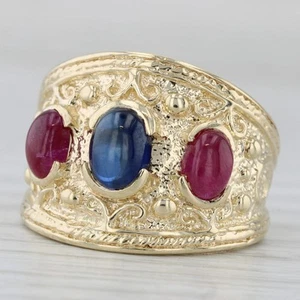 Zafiro Azul Rubí Anillo 14k Oro Amarillo Talla 7 Naranja 3-Stone - Imagen 1 de 10