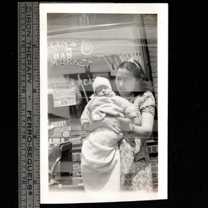 Artsy REFLECTIONS Lady w Baby Outside Grocery Store; Adv Signs: Vintage SNAPSHOT - Picture 1 of 1
