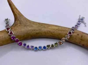 14 Ct Heart Cut Lab-Created Rainbow Heart Tennis Bracelet 14K White Gold Plated - Picture 1 of 10