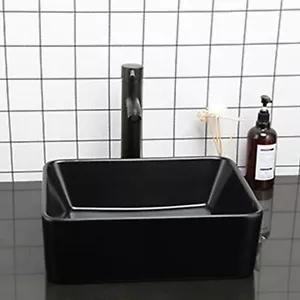 Black Bathroom Vessel Sink Rectangle Ceramic Vanity Basin Mixer Pop Up Drain Tap - Picture 1 of 9
