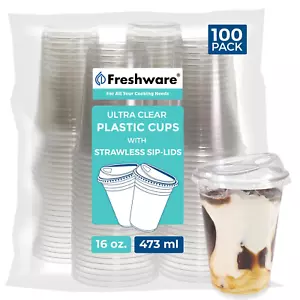 Clear Plastic Cups with Strawless Sip Lids 100 16 Oz Disposable for Iced Coffee - Picture 1 of 1
