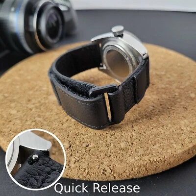 Black Leather Hook and Loop Watch Strap Band - Quick Release - 20mm 22mm Foto 1 de 4