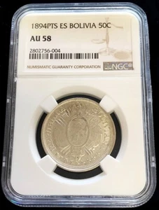 1894 PTS ES SILVER BOLIVIA 50 CENTAVOS, 1/2 BOLIVIANO COIN NGC ABOUT UNC 58 - Picture 1 of 2