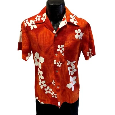 Vtg 60's Penneys Men Red Orange FLORAL Hawaiian BARKCLOTH MoD SURFER Surf Shirt - Image 1 of 4