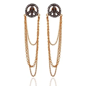 White Zircon 18k Gold Plated 925 Silver Chain Peace Sign Dangle Earring - Picture 1 of 2