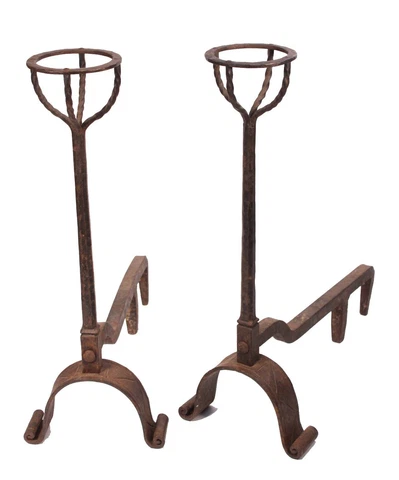 Antique Wrought Iron French Mizner Style Fireplace Andirons w/ Cup Candle Holder Cover