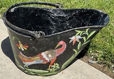 Antique Victorian Tole Fireplace Ash Bucket Hand Painted Bird & Flowers