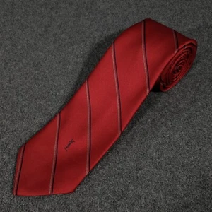 Vintage Yves Saint Laurent Neck Tie Red Stripe Embroidered YSL Logo Silk Skinny - Picture 1 of 7