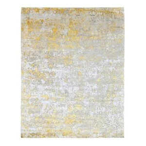 8'x9'9" Beige with Gold Wool and Silk Abstract Design Hand Knotted Rug R10199 - Picture 1 of 11