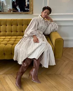 AJE Beige Prima Pleated Shirt Midi Dress Gold Belt Size AU 6-14 | US 2-10. RARE! - Picture 1 of 9