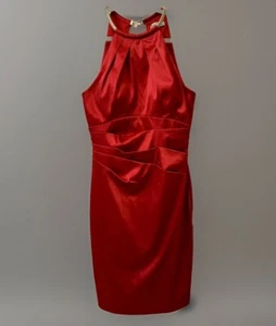 Eliza J Cocktail Dress Size 4 Sheath Red Satin Gold Necklace Collar Holiday - Picture 1 of 16