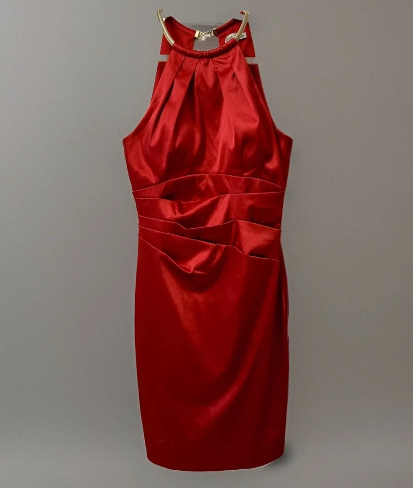 Eliza J Cocktail Dress Size 4 Sheath Red Satin Gold Necklace Collar Holiday - Image 1 of 4
