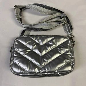 Talbots Metallic Silver Quilted Nylon Crossbody Bag Silver Cloth Strap EUC - Picture 1 of 4