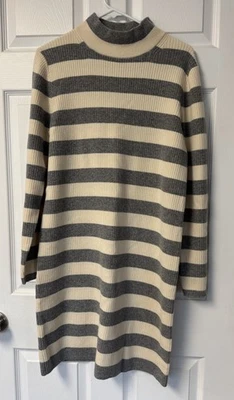 J Crew Wool Blend Sweater Dress L Turtleneck Shift Soft Cozy Cream Gray Stripe - Image 1 of 4