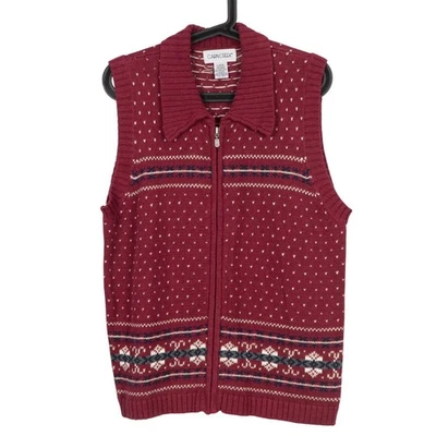 Chaleco Suéter Cabin Creek L Para Mujer De Colección Rojo Fair Isle Tejido Cremallera Frontal Algodón Ramio Foto 1 de 4