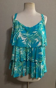 NWT "18W" BEACH HOUSE SWIM TOP BLUE ADJUSTIBLE STRAP UPF 50+ TROPICAL LEAF PRINT - Picture 1 of 11
