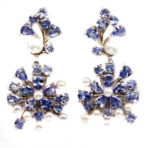 925 Sterling Silver White Pearl & Blue Tanzanite Black Friday Earrings - Picture 1 of 4