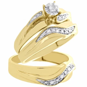 10K Yellow Gold Solitaire Diamond Trio Set Engagement Ring Wedding Band 0.17 Ct. - Picture 1 of 8