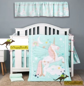 New Baby Girls 6 Pieces Blue Unicorn Pony Nursery Bedding Crib Cot Sets - Picture 1 of 12
