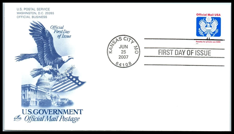 2007 U. S. Government Official Mail stamp 41c Sc O162 FDC with ArtCraft cachet - Image 1 of 1