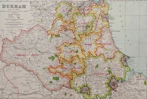 1922 Durham large county map. Antique 100 years old. Hartlepool, Bishop Auckland - Picture 1 of 7