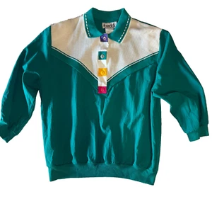 Vintage TEDDI Blouse Green White Colored Buttons Shoulder Pads 1/2 Sleeve sz M - Picture 1 of 14
