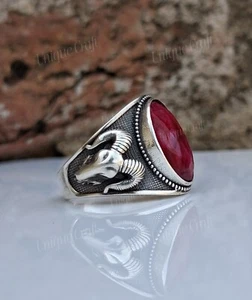 Ruby Corundum Oval Gemstone Aries Ram Head Ring, 925 Silver Handmade Men's Ring - Picture 1 of 17