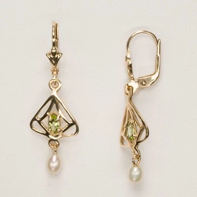 Jugendstil Peridot u. Perlen Ohrschmuck -Petite Joyau- Ohrhänger 925/- vergoldet - Bild 1 von 3