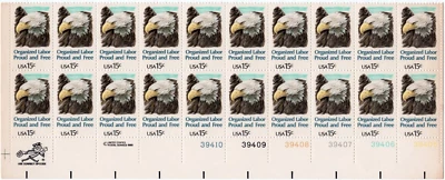 Scott #1831 Organized Labor Plate Block Of 20 Stamps - MNH - Image 1 of 2