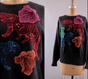 Escada Margeretha Ley Sweater Womens Sz 8 10 Medium Black Tiger Rhinestone VTG - Picture 1 of 13