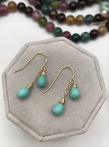 14k Turquoise Earrings Natural Briolette Handmade Dangle Arizona - Picture 1 of 13