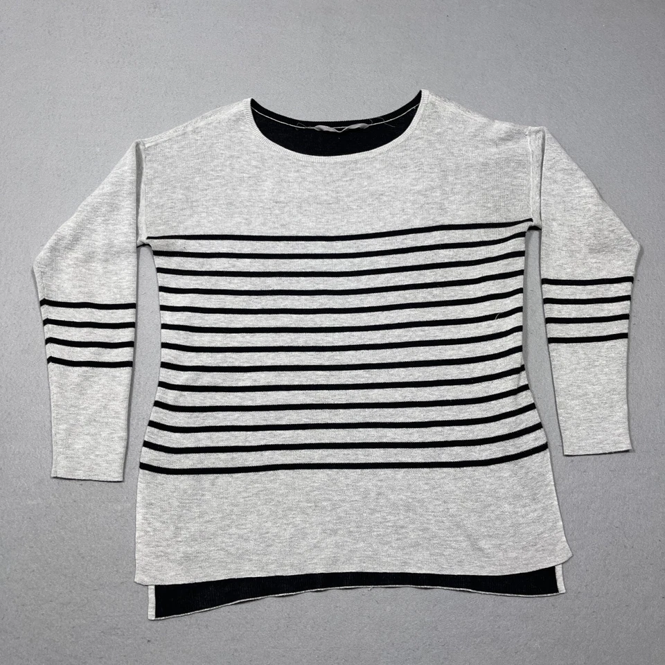 Athleta Sweater Women  Large Black Gray High Low Boatneck Striped Long Sleeve - Image 1 of 4