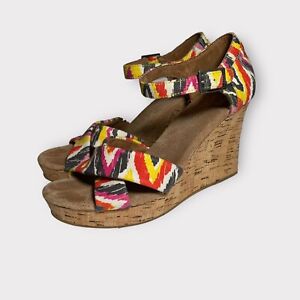 Toms Women's Cork Wedge Sandals Size 8 Red Yellow Multicolor Ankle Strap Heels