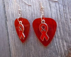 Red Ribbon with Puzzle Piece Cut Out Charm Guitar Pick Earrings - Picture 1 of 5