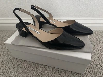 Novo na caixa Manolo Blahnik Aspro preto patenteado Slingbacks com salto bloco - Tamanho 37 - Imagem 1 de 4
