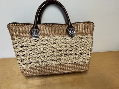 Brighton Woven Straw Tote Bag Leather Heart Silver Accents Animal Print Lining - Image 1 of 4