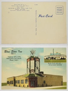 Blue Star Inn No. 2 & No. 1 Fort Worth TX Linen Postcard c1940s Hotel Cafe - Picture 1 of 1